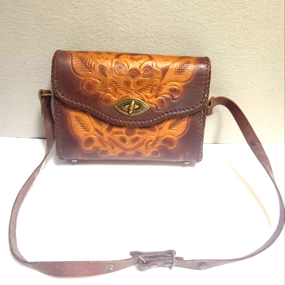 Joo-Kay Vintage Tooled Leather Bag Handbag Brown Brass Whip Stitch Edge Retro